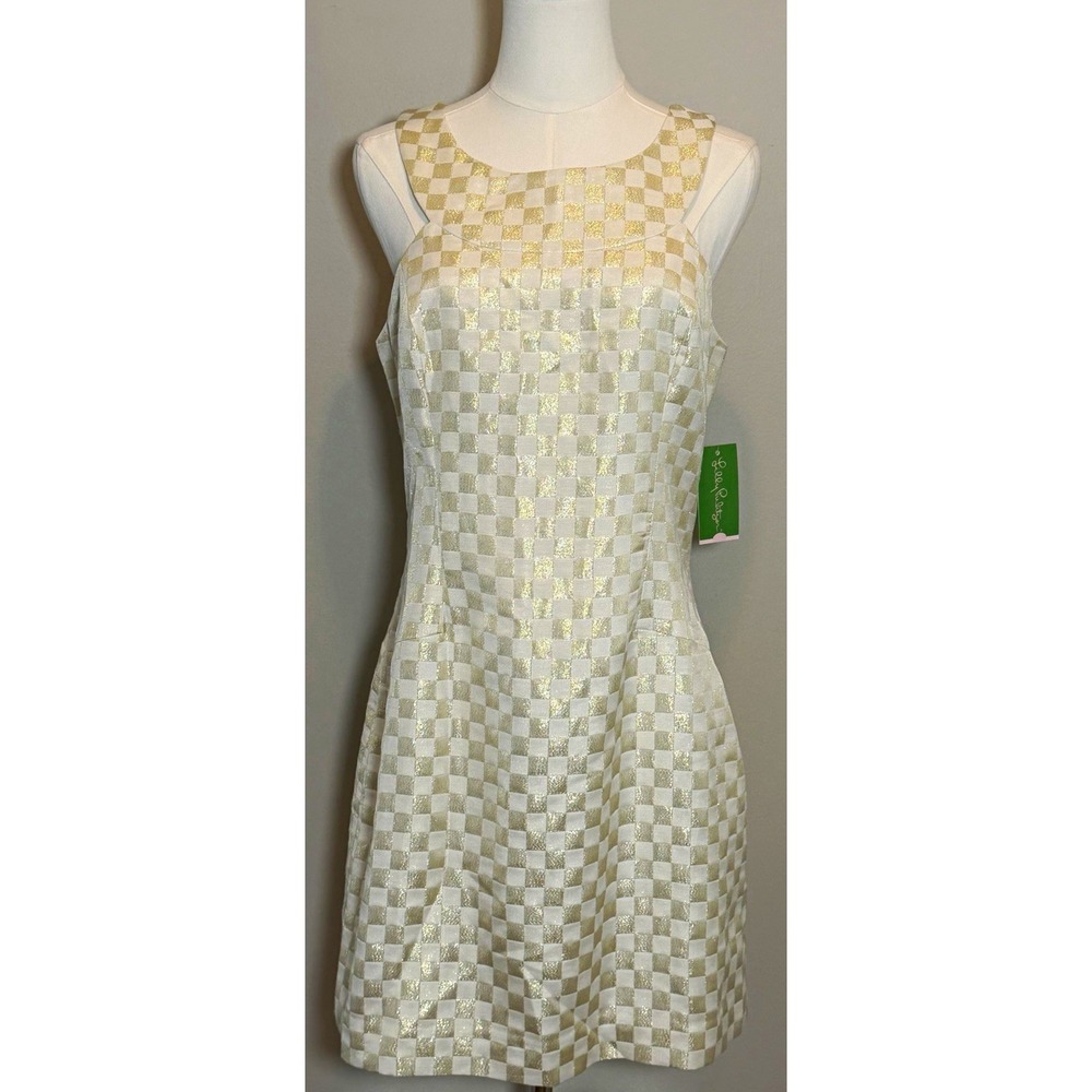 Lilly Pulitzer Jepson Dress 8 White Gold Check Jacquard Square Neck Mini NWT